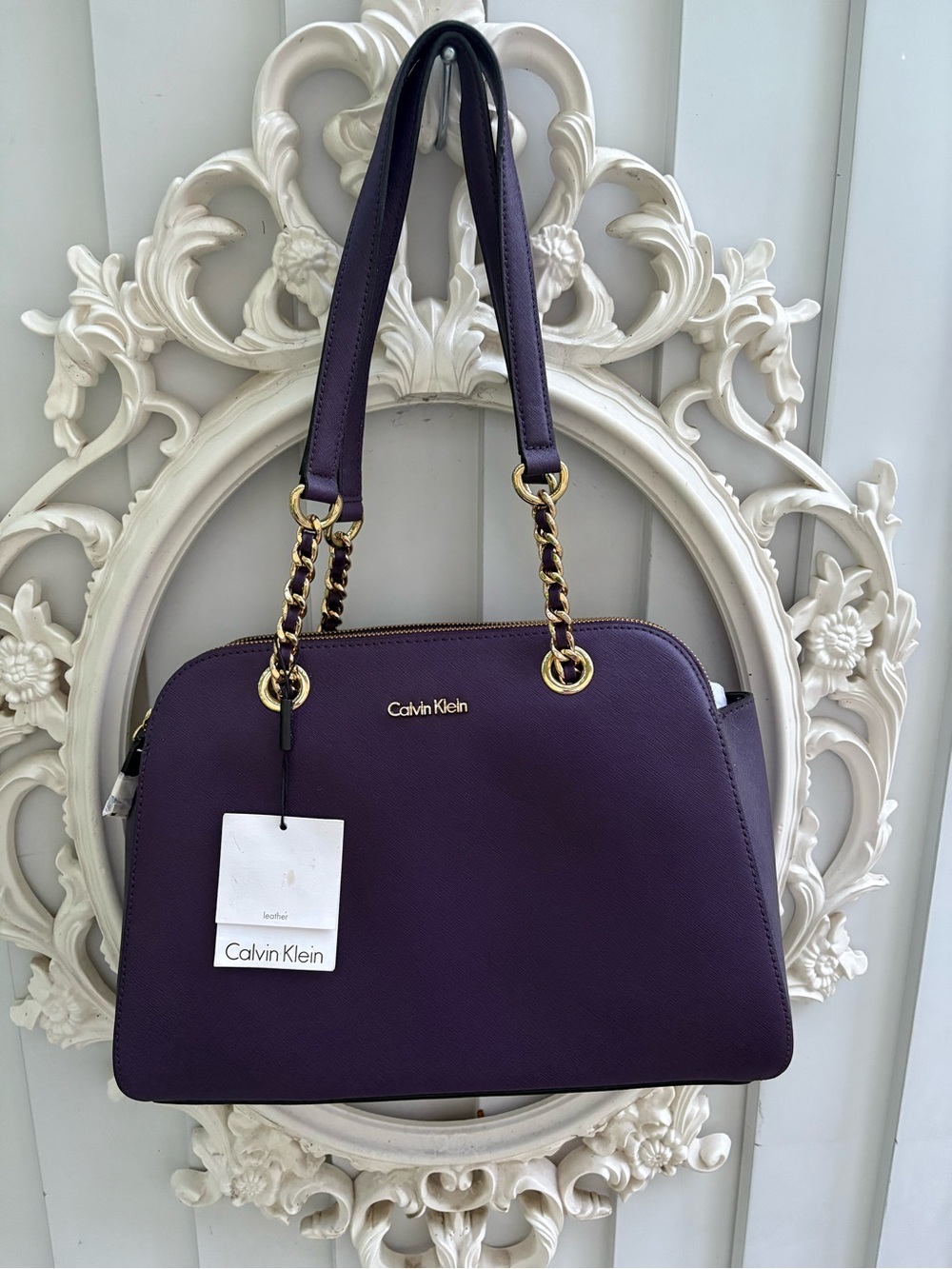 Calvin Klein Deep Purple Saffiano Leather Shoulder Tote with Gold Hardware